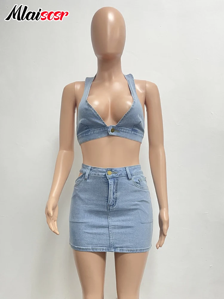 Mlaiscsr Women Sleevless Halter Crop Top and Mini Skirts Denim Outfits Sexy Beach Club Blue Backless Bodycon Jean Two Piece Sets