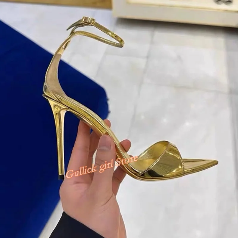 Gold Patent Leather Sandals Sexy Pointy Toe Ankle Buckle Strap Stiletto Thin High Heel Black 2026 Summer Women Dress Shoes