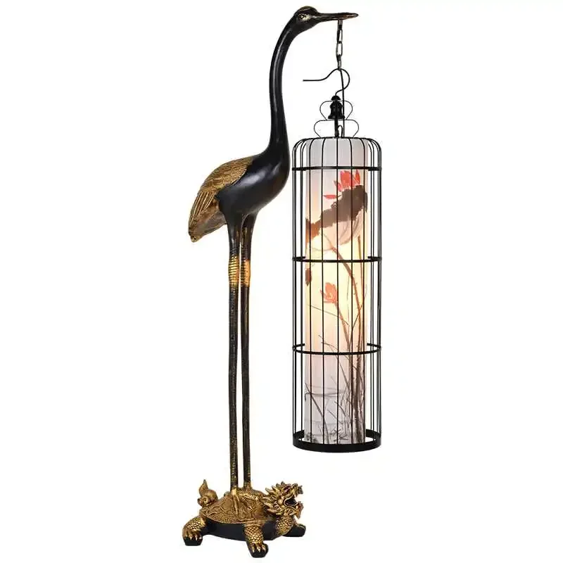 Creative New Chinese Antique Turtle Crane Sickness Floor Lamp Crane Bird Cage Lamp Classical Hotel