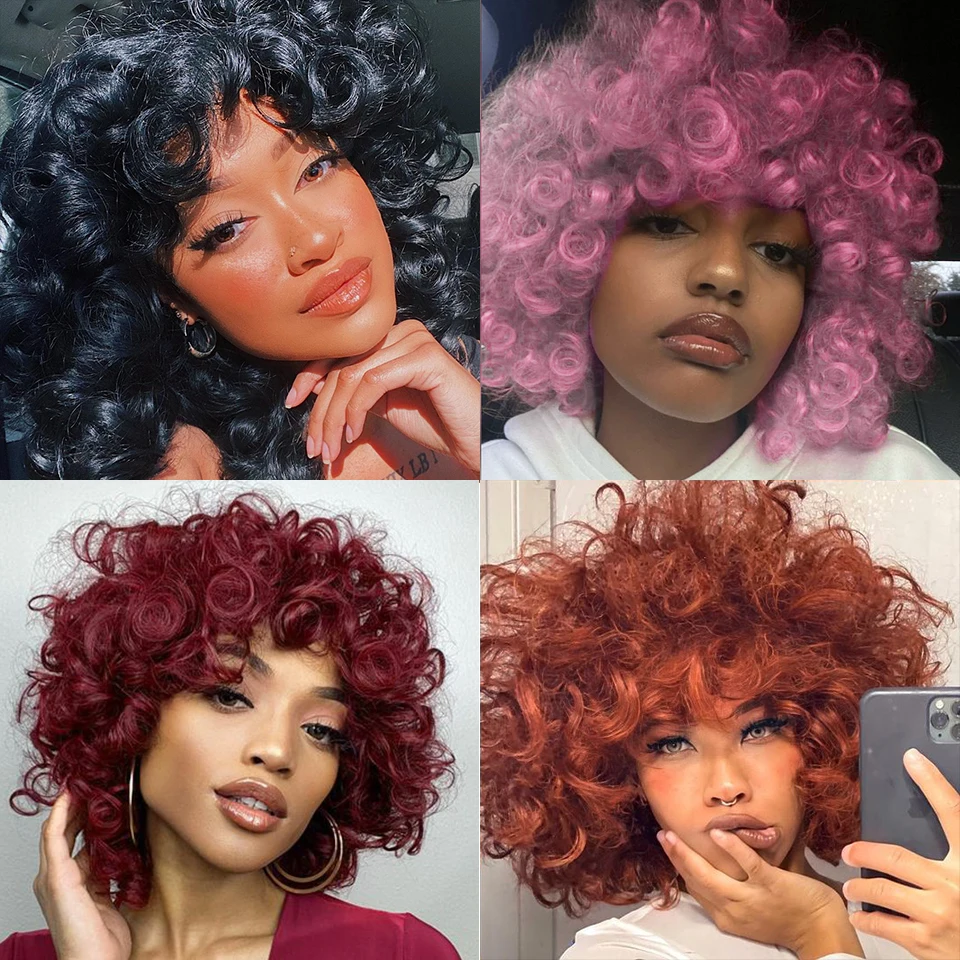 Synthetic Pink Cosplay Wig With Bangs For Black Women Short Hair Afro Kinky Highlight Wigs Ombre Blonde Blue Red Brown Grey Wigs