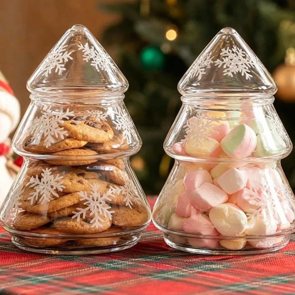 Snowflake Pattern Glass Christmas Tree Jar Large Capacity Transparent Cookie Jar Stylish With Lid Christmas Food Container