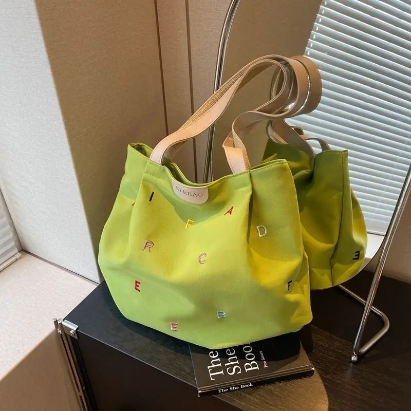 Embroidered Letter Handbag One-shoulder Tote Bag Large-capacity Canvas Bag Fashionable Famale All-matching Personality