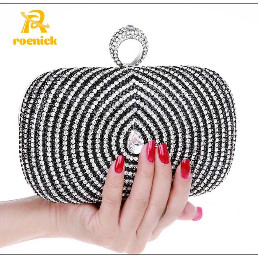 

ROENICK Women Sparkling Rhinestone Evening Bags with Ring Wedding Party Phone Mini Small Square Purses Luxury Designer Handbags