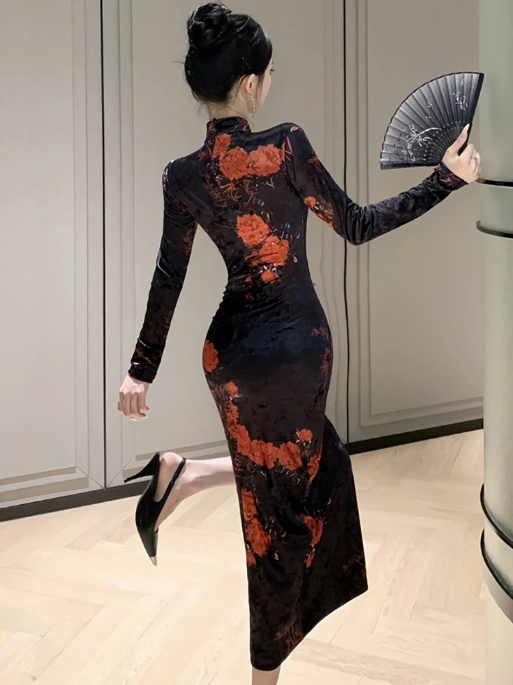 Otoño Invierno negro terciopelo Stand Collar vestido largo con abertura mujeres Vintage Hepburn vestido de graduación 2025 coreano elegante vestido de noche de lujo