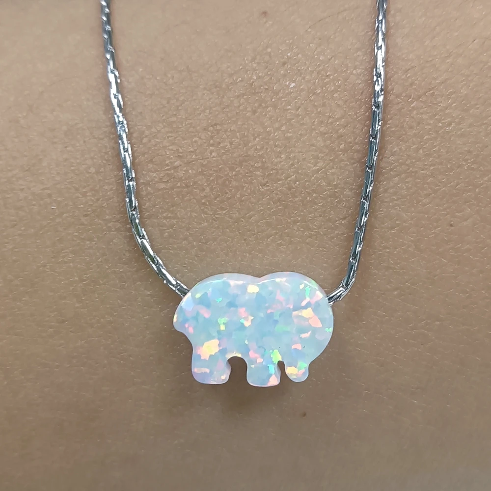 

(1Pc/Lot) High Quality OP036 Green & OP17 White & OP06 Elephant 8.6*12mm Synthetic Opal Pendant With Silver Chain Necklace