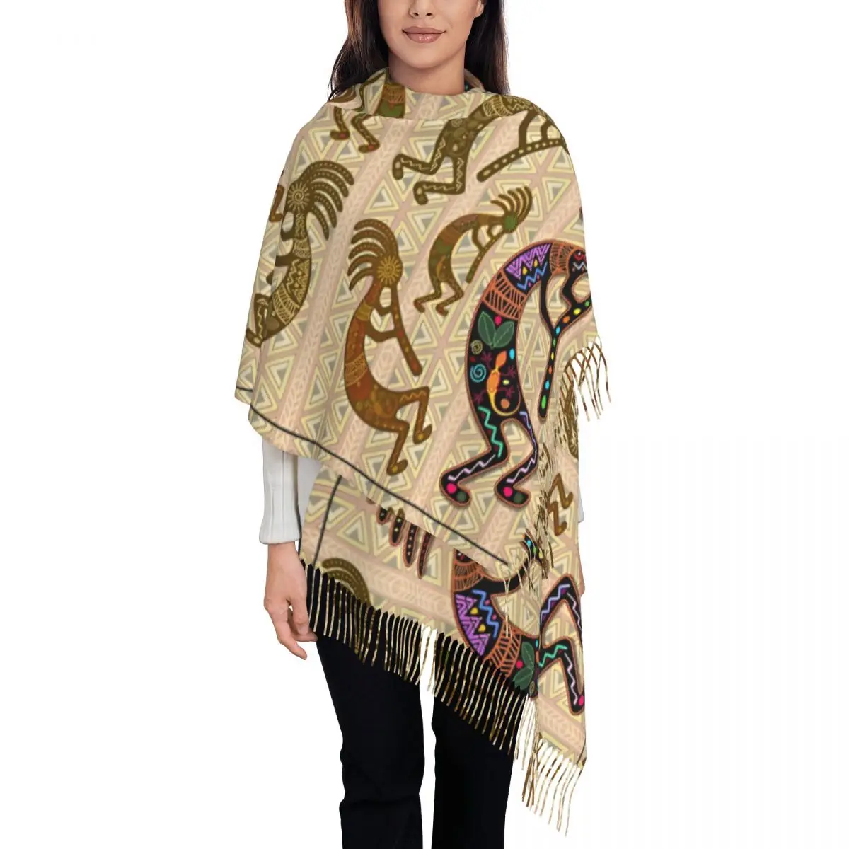 Womens Scarf with Tassel Kokopelli Rainbow Colors On Tribal Pattern Large Winter Fall Shawl and Wrap Gifts Pashmina Scarves