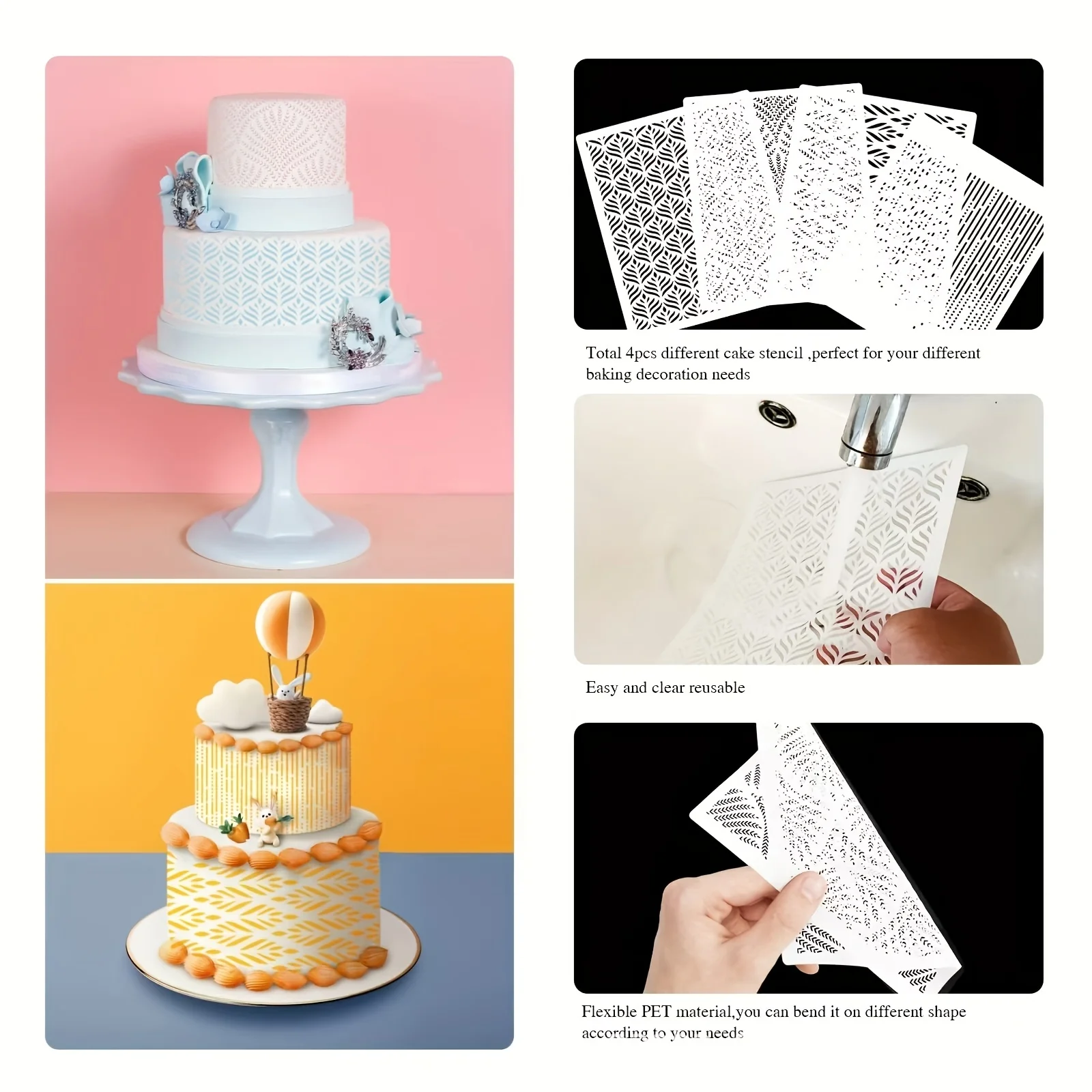 مجموعة استنسل الكيك مكونة من 4 قطع - تصميمات هندسية زهرية لتزيين كعكة الزفاف