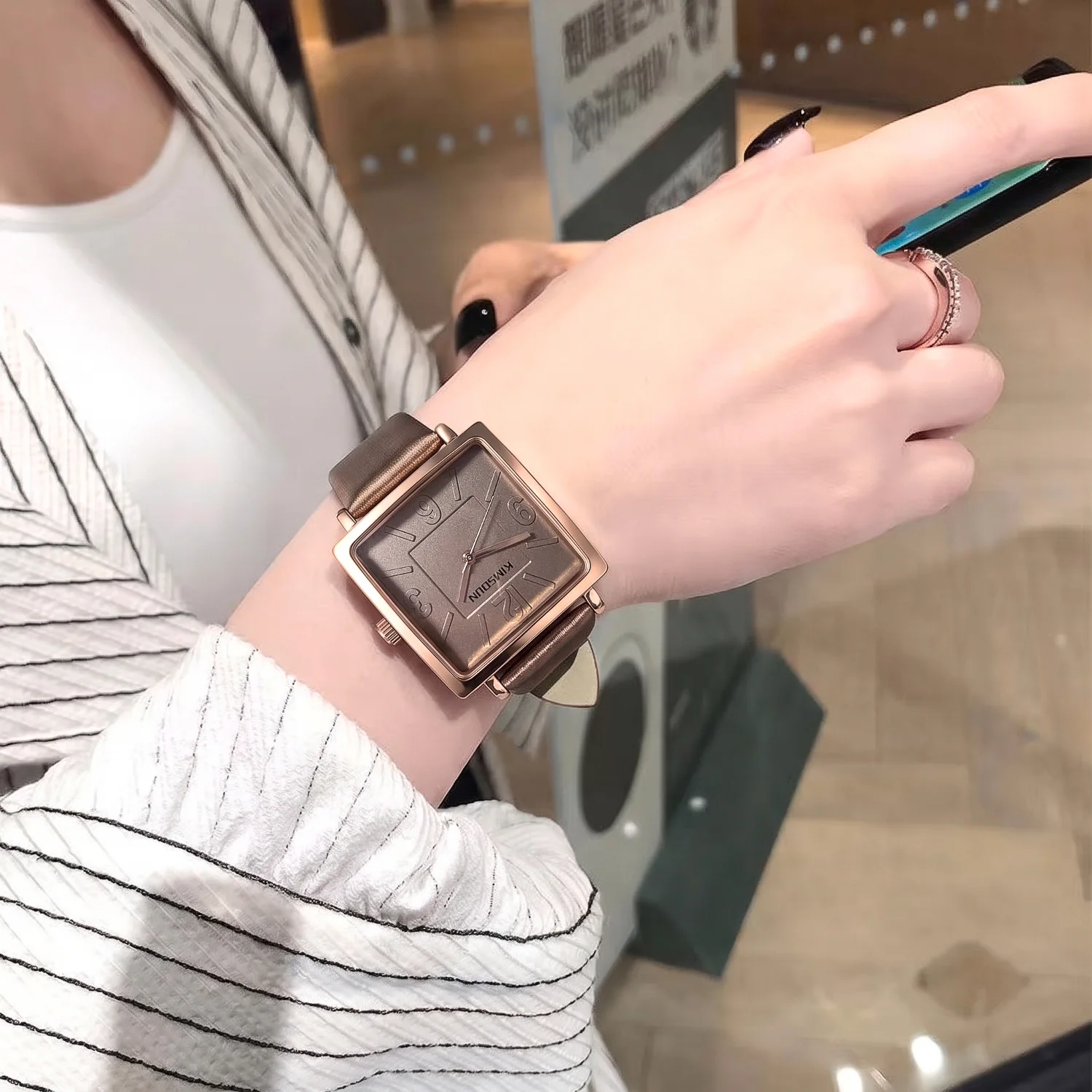 KIMSOUN Women Square Quartz Wristwatch Rose Gold Case Black Genuine Leather Strap Analog Watch Minimalist Casual Dress Waterproo