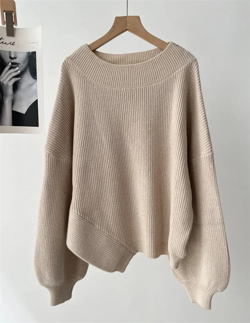 2025 Top da donna autunno nuovo stile kaki manica lunga orlo irregolare pullover in maglia allentata sexy e alla moda