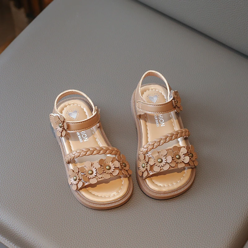 COMFY KIDS Girls Khaki Braided 3D Flower Princess Sandals, Hook-and-Loop Soft Elastic Non-Slip Wear-Resistant Rubber Sole Lightw