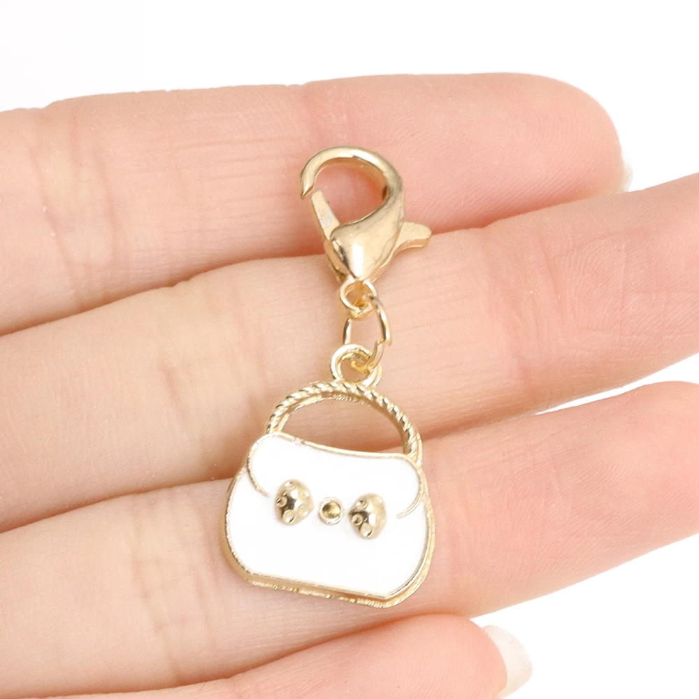10Pcs Cute Enamel Handbag Charms Alloy Locking Stitch Marker With Lobster Claw Clasps Pendants DIY Jewelry Accessories