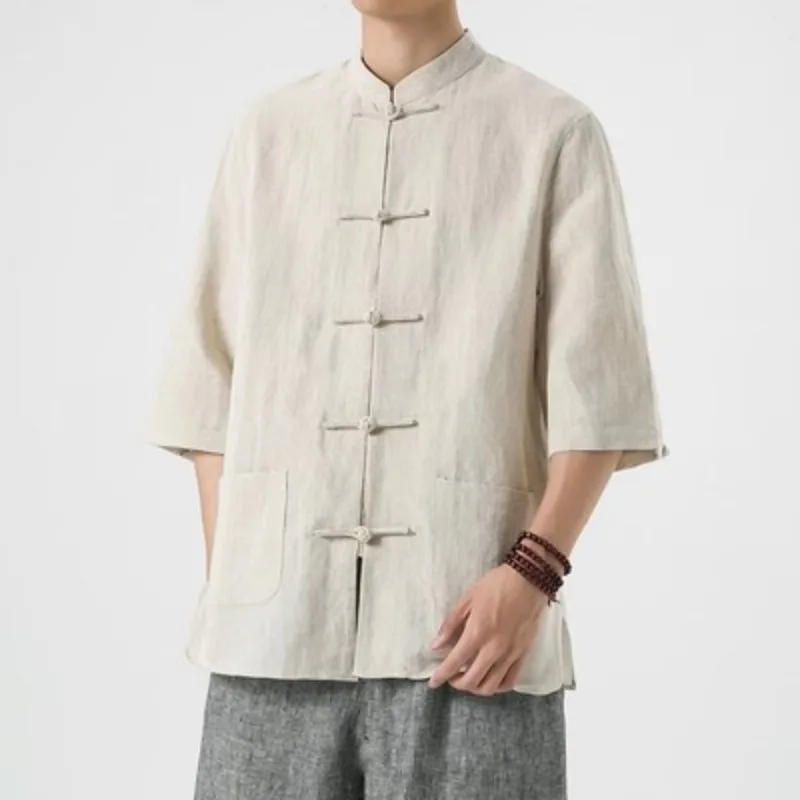 Men's Beige Linen Mandarin Collar Shirt with Frog ButtonsYY33