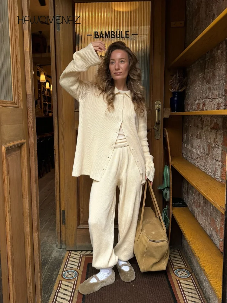 

Casual Knitted Coats Pants Set Women Solid Lapel Button Loose Shirts Long Wide Leg Trousers Sets Female 2025 Fall Lady Suits
