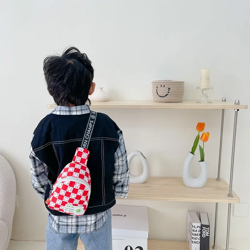 Bolso de hombro con sonrisa coreana para niños y niñas, bandolera cuadrada pequeña a cuadros, monedero Vintage