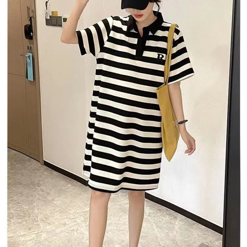 

Trend Youth Striped Polo Neck T Shirt Dress Summer New Loose Plus Size Street Casual Midi Dress Fashion Vintage Women Clothing