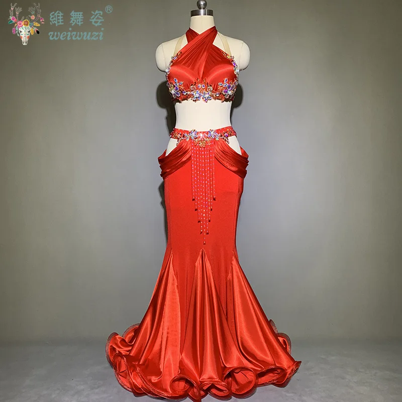 New Belly Dance Performance Costume for Women Custom Senior Bra+fish Tail Long Skirt 2pcs Pop Song Suit Oriental Dancing Outfit