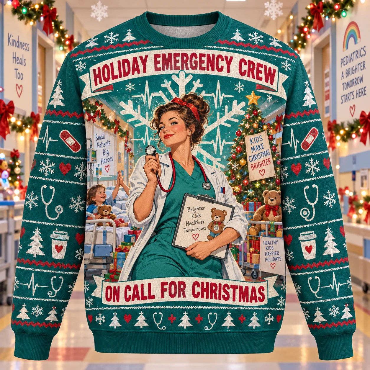 Ugly Christmas Sweater Nurse Doctor Emergency Crew Crewneck Sweatshirt Polyester 3D Print Holiday Pullover Gift Men Women