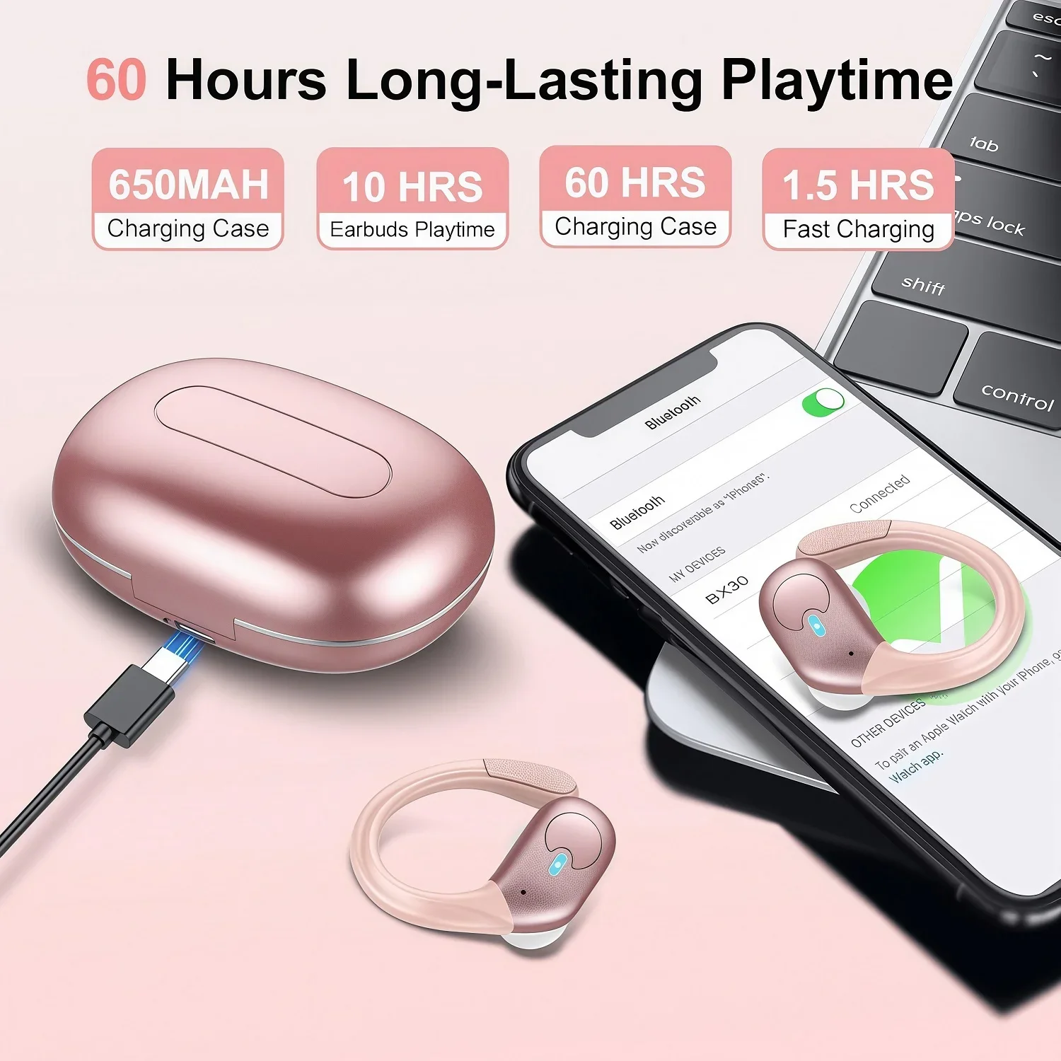 

Наушники Bluetooth 6.0, настоящие беспроводные наушники с микрофоном, кнопочным управлением, шумоподавлением, ушными крючками, водонепроницаемые, для занятий спортом