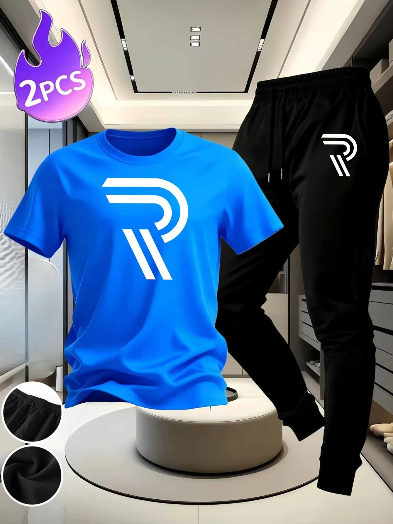 

Men's Casual Set: Cotton Top & Breathable Pants with Abstract R Letter Print, Suitable for Daily Sports and Loungewear
