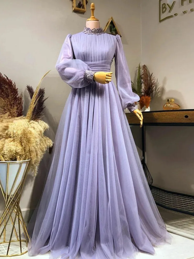 Lavanda alta pescoço a linha vestidos de noite muçulmano vintage tule mangas compridas formal vestidos de festa de baile plus size