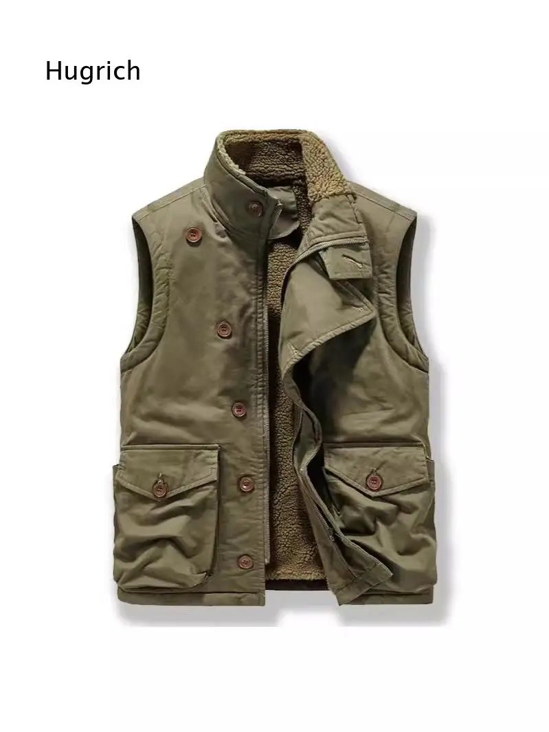 Mens Khaki Solid Sherpa Lined Cargo Sleeveless Gilet Stand Collar Button Zip Closure Autumn Winter Daily Wear Outer Waistcoat