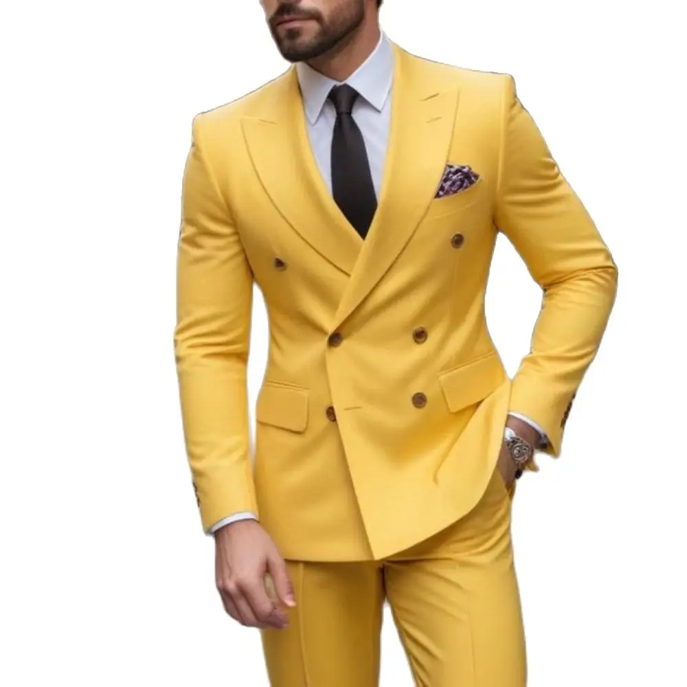 Yellow Double Breasted Peak Lapel Skinny Suits for Men 2024 Prom Party Regular Length Flat Front 2 Piece Jacket Pants Outfits