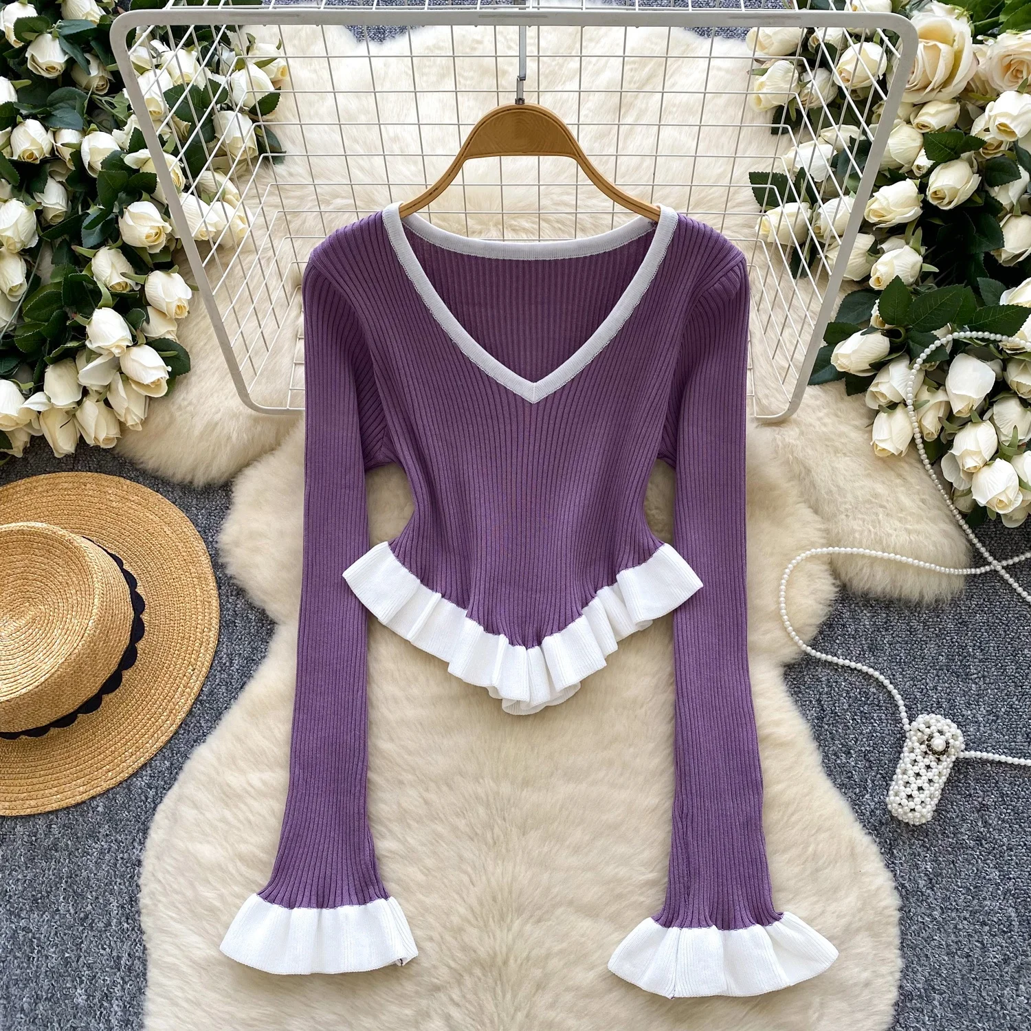 Clothland المرأة الحلو تكدرت المحاصيل الأعلى تقسم طويلة الأكمام غير المتكافئة بلوزة قميص الإناث شيك القمم Blusa LB374 #5