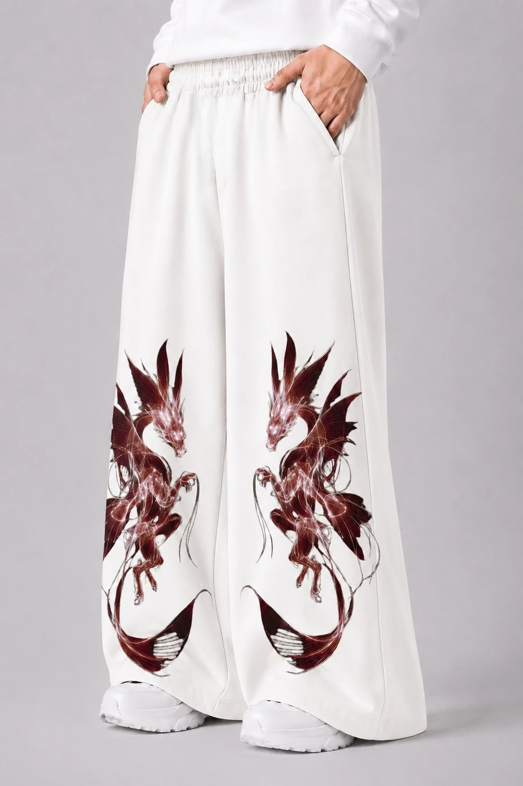 Wide-leg Athletic Pants, Dragon-print Trousers, Fantasy Creature Prints, Hip-hop Style Pants, Streetwear, Y2K-style Trousers