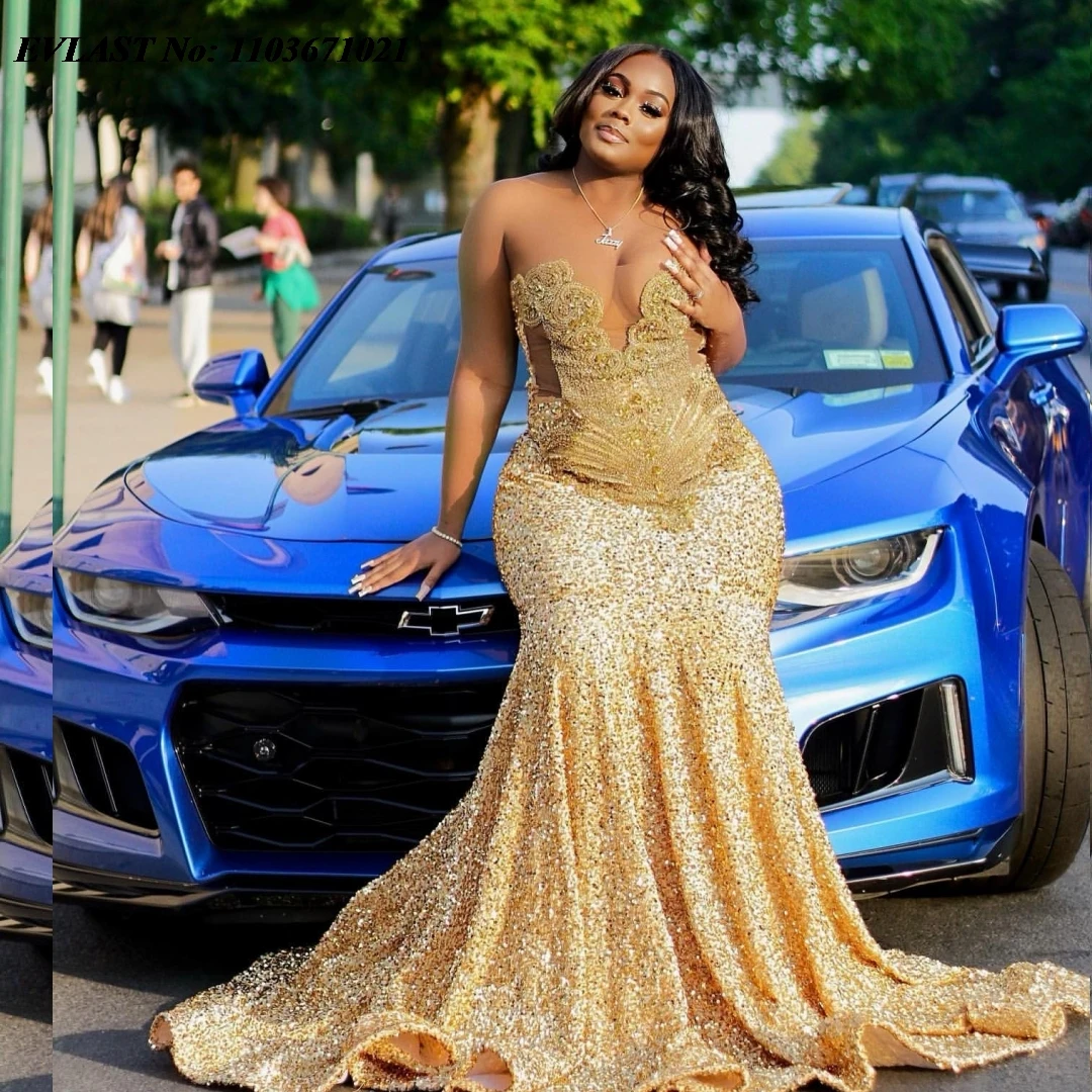 

EVLAST Customized Gold Velvet Mermaid Prom Dress For Black Girls Shiny Rhinestone Beaded Formal Party Gown Robes De Soiree P21