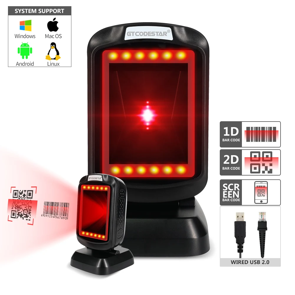 

GT-9208 Desktop Scanner Supermarket to Bar Code Reader 1D 2D QR Pay Inventory Scanner Barcode Scanning