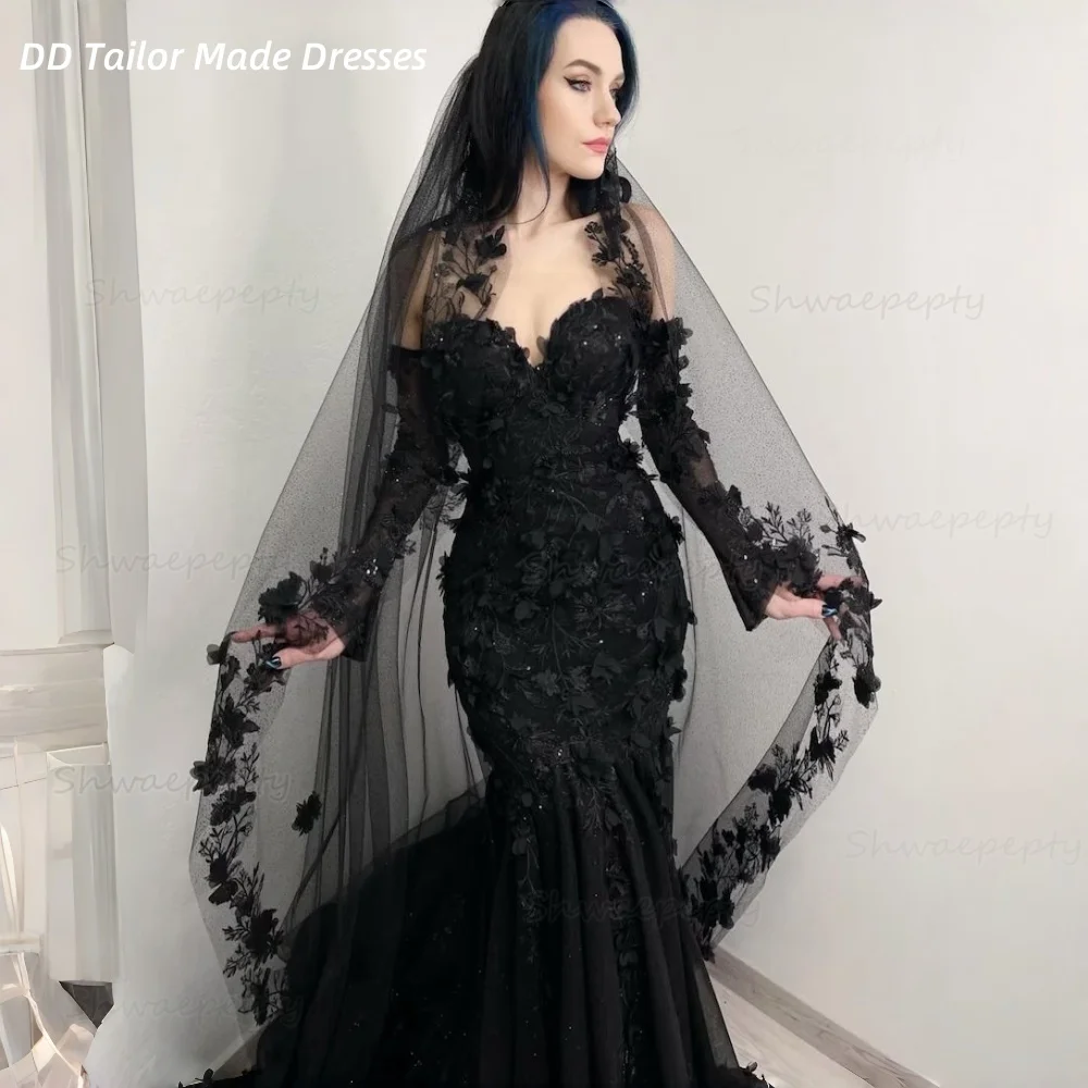 

Black Mermaid Wedding Dress With Removable Long Sleeves 3D Floral Lace Appliques Vintage Bridal Gowns Customized