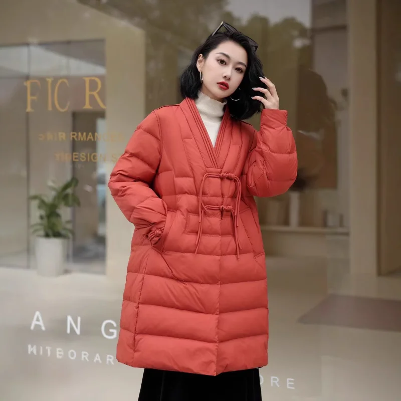 

Down Jacket with V-Neck Winter Chinese-Style New Retro Loose Casual Coat Trendy with Fringe and Traditional Knots
