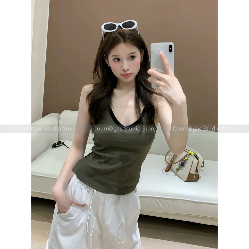 

24 Summer New Niche Design Embroidery Colour Blocking Top Inner Spice Girl Style Camisole Tank Top