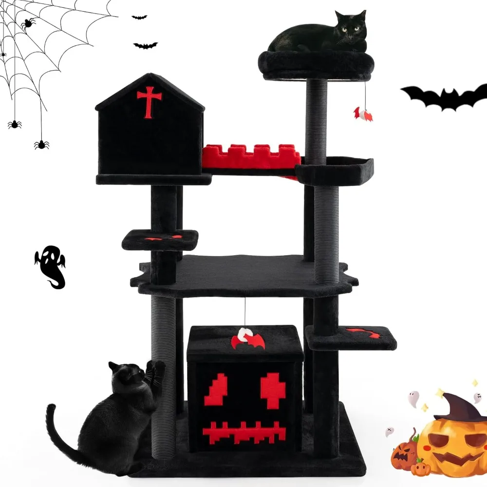 49 torre alta para gatos de estilo gótico negro con cama de ataúd, condones dobles, postes rascadores, bolas de murciélago y pompón, perca para Halloween