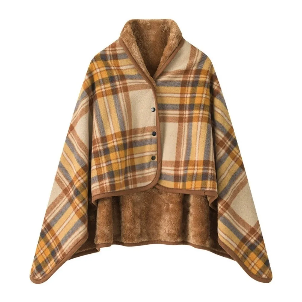 Flannel Material Wearable Blanket Plaid Pattern Button Closure Shawl Blanket Thick Knit Soft Texture Wrap Blanket Home