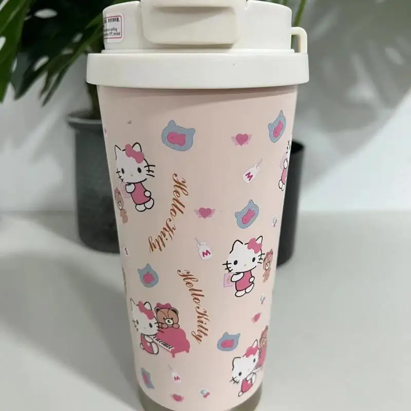 Miniso Sus316 520Ml Student Double Drink Straw Thermal Cup Kawaii Hello Kitty Cartoon Sports Office Vehicle Mounted Coffee Cup