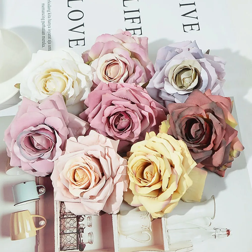 

10Pcs Rose Flower Heads Artificial Silk Rose Flowers Heads for Wedding Home Cake Birthday Party Decoration DIY Wreath Scrapbook