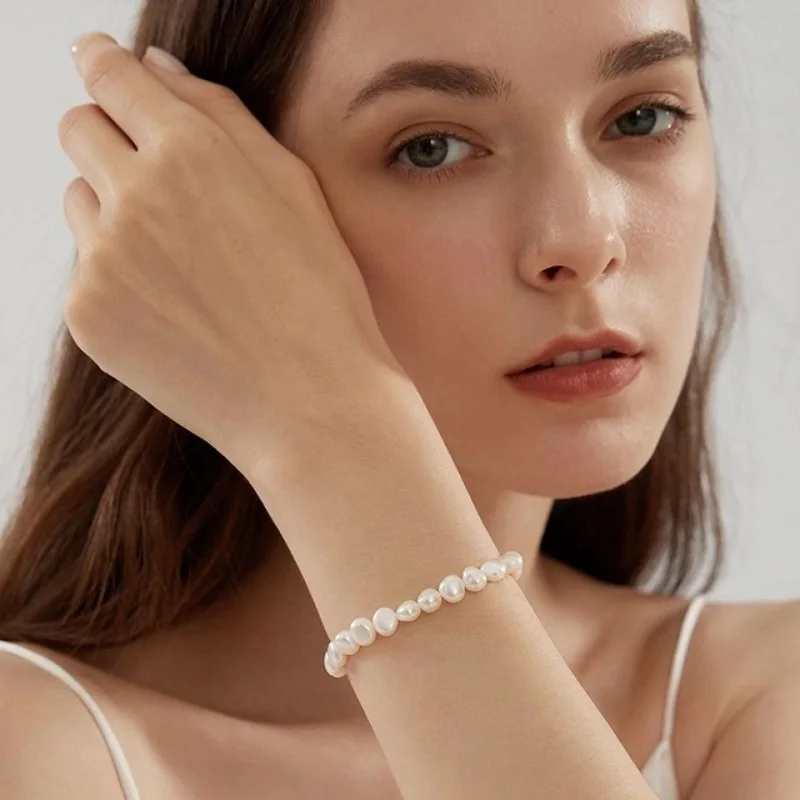 7-8mm Barocke Perle Armband Für Frauen Echte Natürliche Süßwasser Perle 925 Sterling Silber Charme Armband – Detail 5