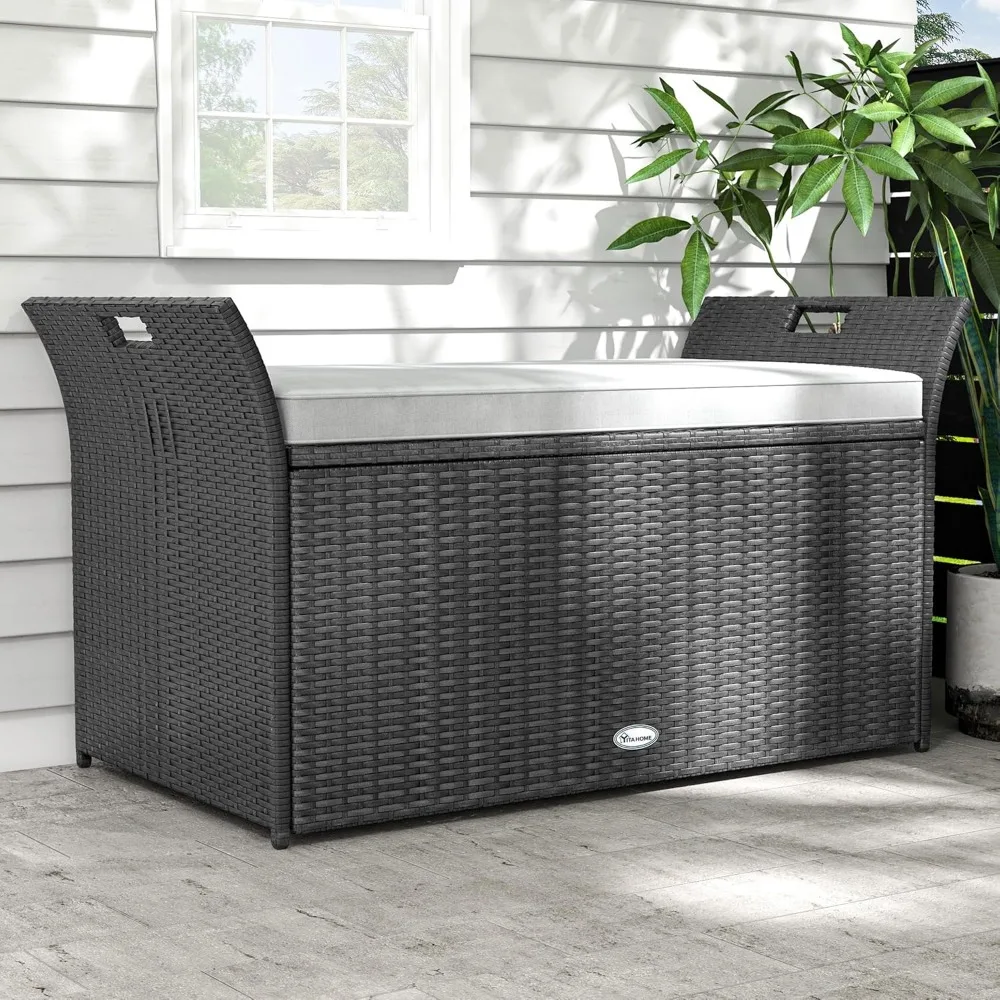

yitahome 90 gallon outdoor wicker storage bench w/cushion, large pe rattan deck storage box w/handles & hydraulics for patio fur