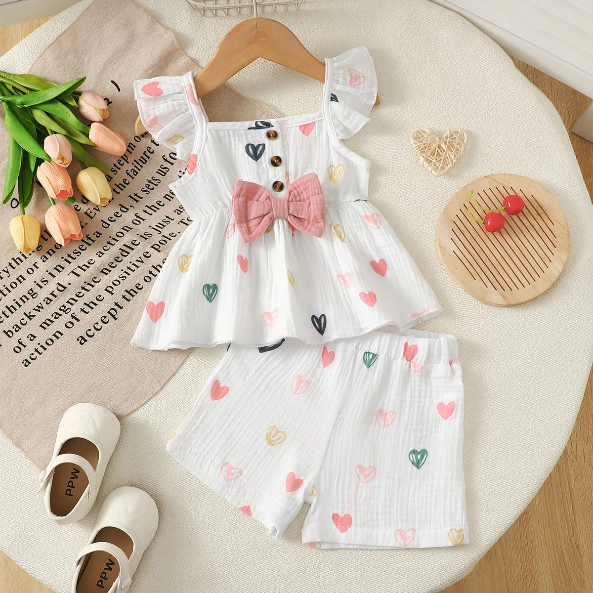 2Pcs Baby Girl Clothes Outfit Set Heart Print Ruffle Sleeve Top Shorts Set Bow Decor for 0-18 Months Infant Sweet Casual Clothes