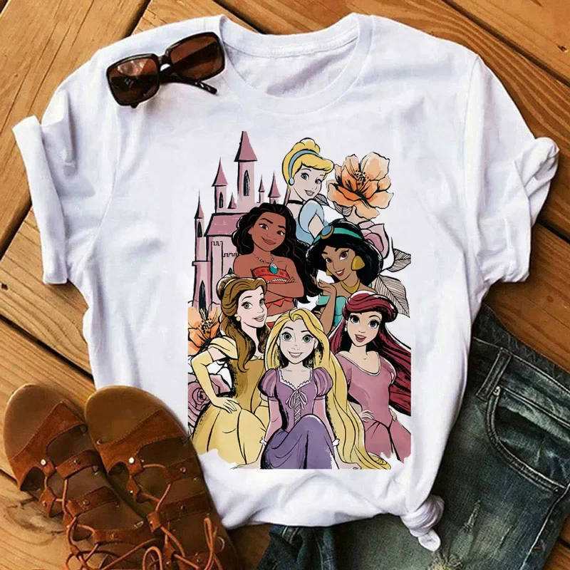 Disney Cartoon Cute Princess Women T-shirt Kawaii Graphic Short Sleeve T Shirt 2024 Summer Streetwear Print Y2k Clothing Tops