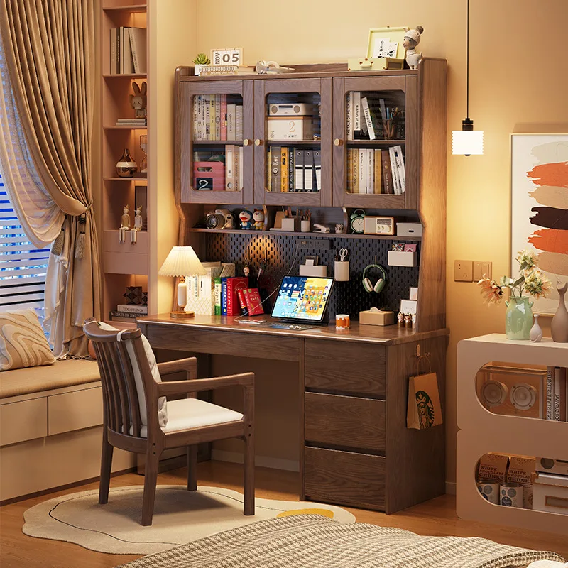 Hole plate embossed solid wood desk with bookshelf integrated table desktop bedroom living room computer table household