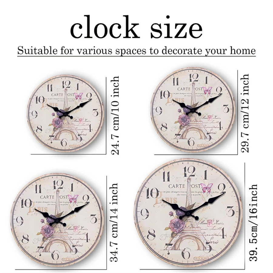 French-Style Paris Eiffel Tower Pattern Wooden Wall Clock for Living Room, Bedroom, Kitchen, Home Decoration, Silent Quartz Clock, Holiday Gift, 10