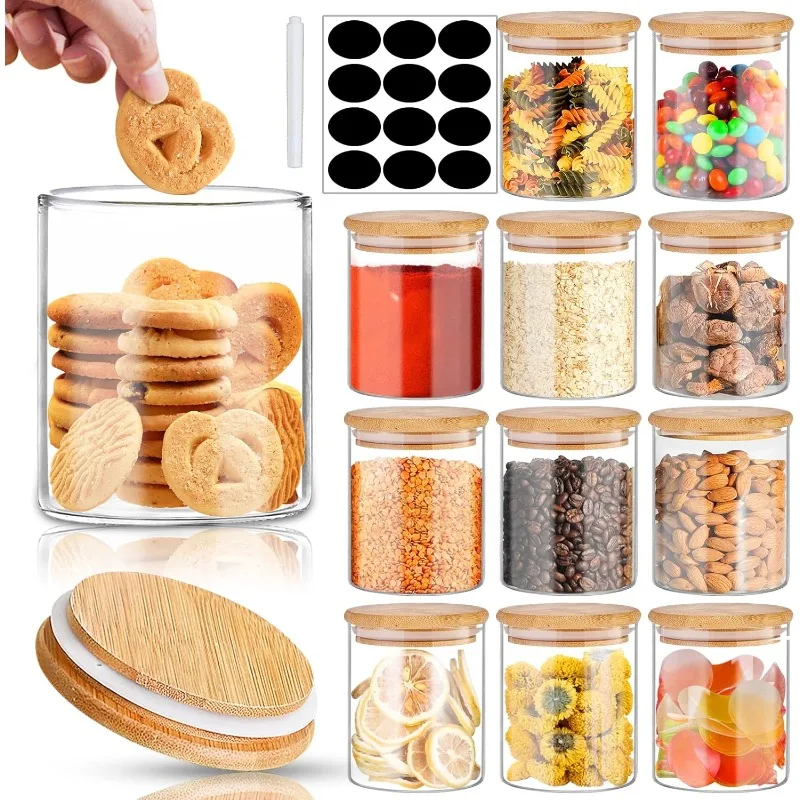 Glass Jars with Bamboo Lids 16 oz, 12pcs Glass Food Storage Jars with Rewritable Labels, Bamboo Lid Jars for Kitchen Storage