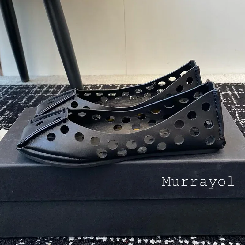 Solid Color Flat Bottom Ballet Shoes Women Genuine Leather Hollow Out Design Mary Jane Shoes  Spring Summer Sweet Single Shoes