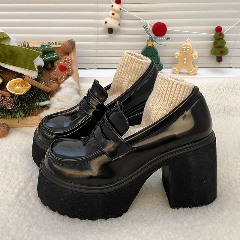 Super High Heels Loafers Women 2024 Autumn Patent Leather Chunky Platform Pumps Woman Slip On Black Jk Uniform Shoes Mary Janes