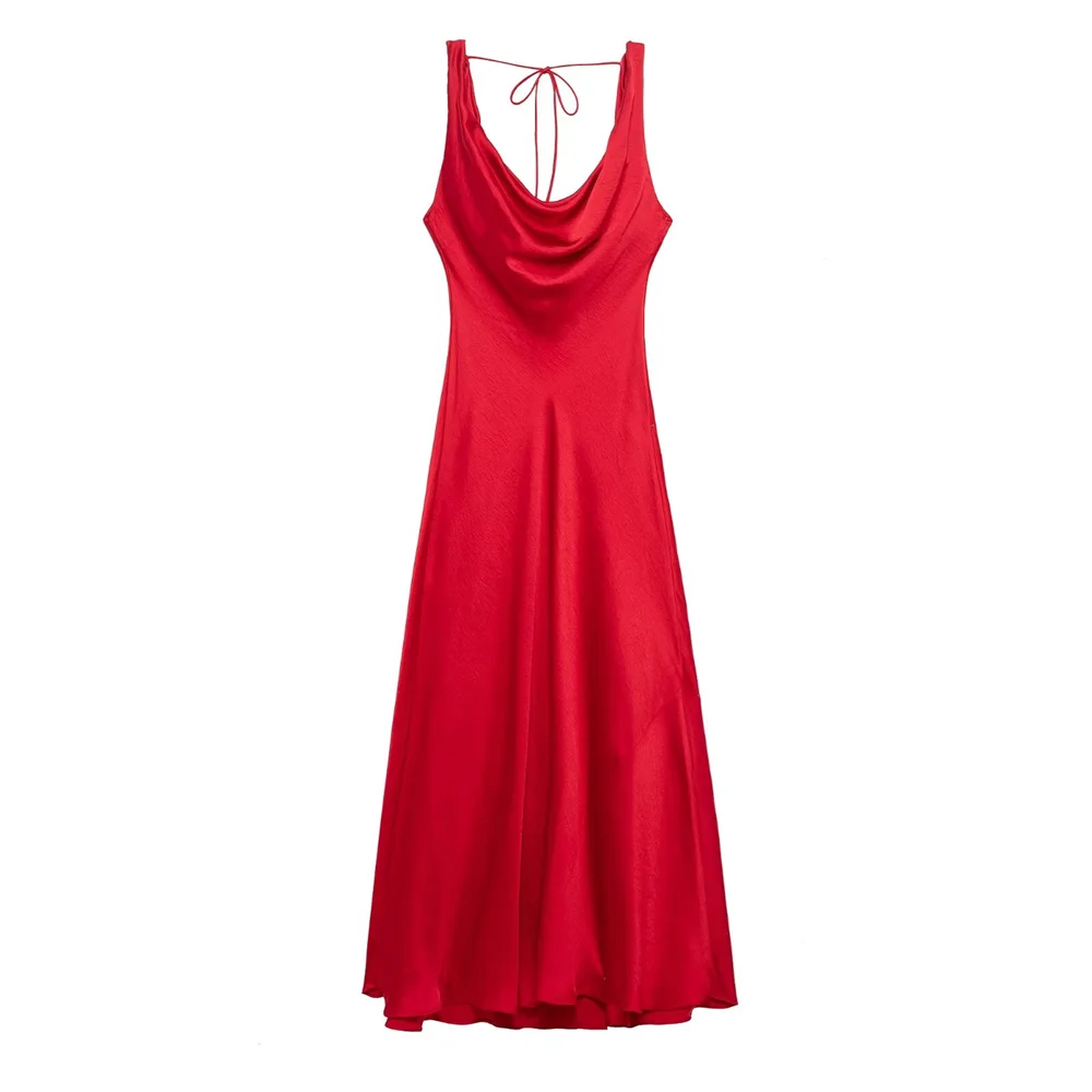 Kar&Otza 2025, lente nieuwe dames effen kleur slim fit temperament backless swingende kraag zijden satijnen jurk lang