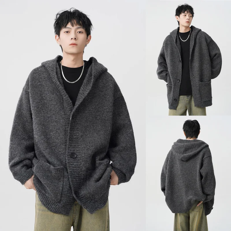 الربيع والخريف رمادي عارضة سترة مشغولة من الصوف مقنعين سترة جيب الكورية الأزياء سترة Y2K ملابس رجالية #1