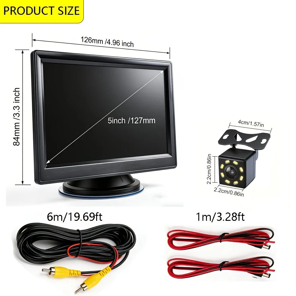 High-Definition 8-LED Rearview Camera+ 5-Inch In-Car Display Set, Reverse Priority Auto Switching,Universal for Cars/Sedans/SUVs