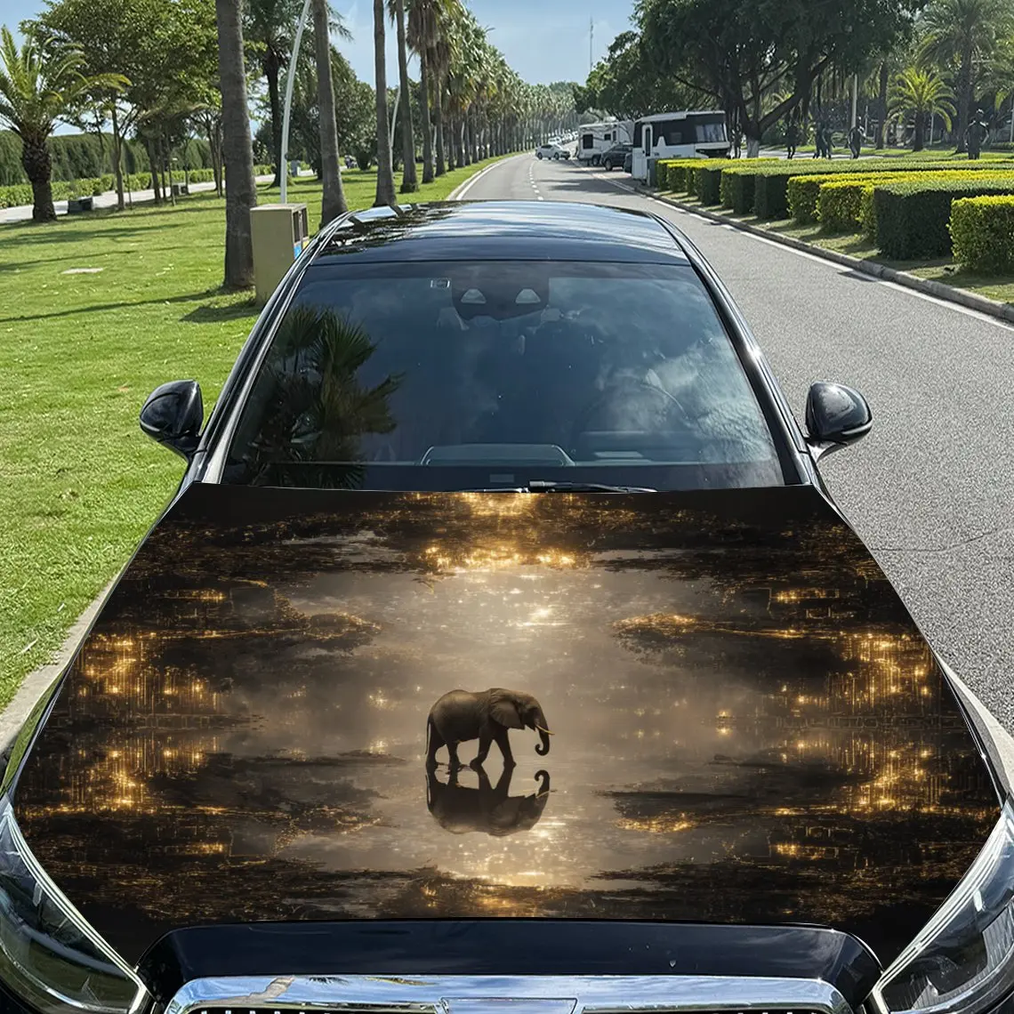 

Elegant Lakeside Elephant Car Hood Stickers - Self-Adhesive, Waterproof and Durable Vinyl Wrap, Decorate And Protect Your Car, F